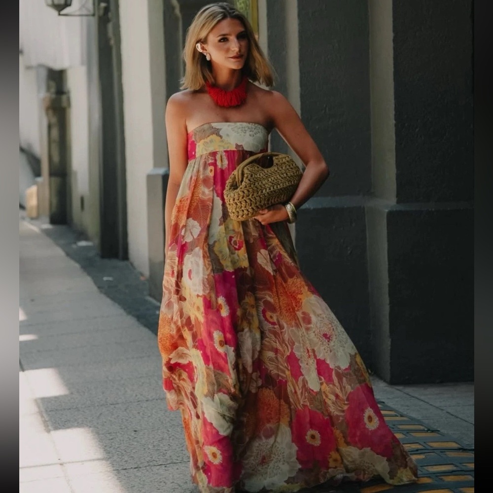 Zara Floral Strapless Maxi Dress in Pink, Orange and Cream